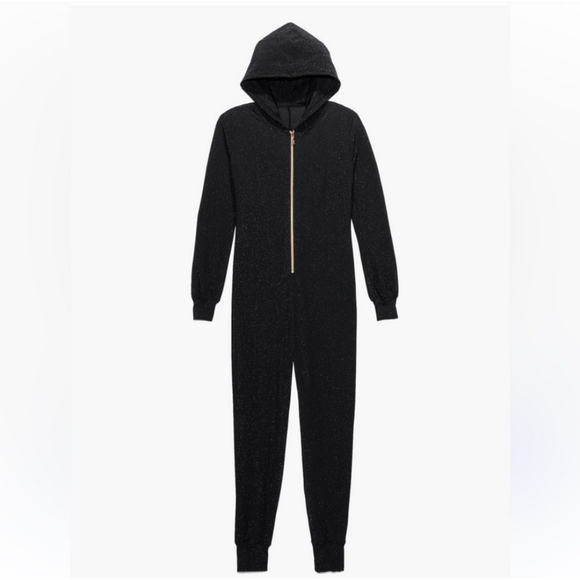SAVAGE X FENTY // black shimmer glitter stretch hooded full zip onesie jumpsuit - Picture 5 of 7